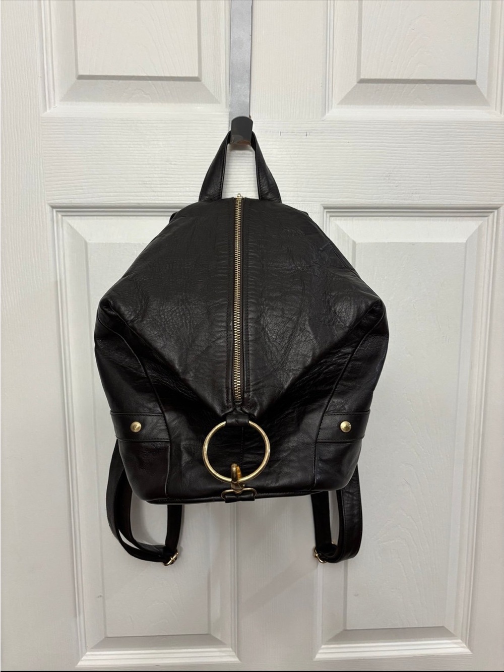 Black Ellia Leather Backpack with Gold Ring Detail